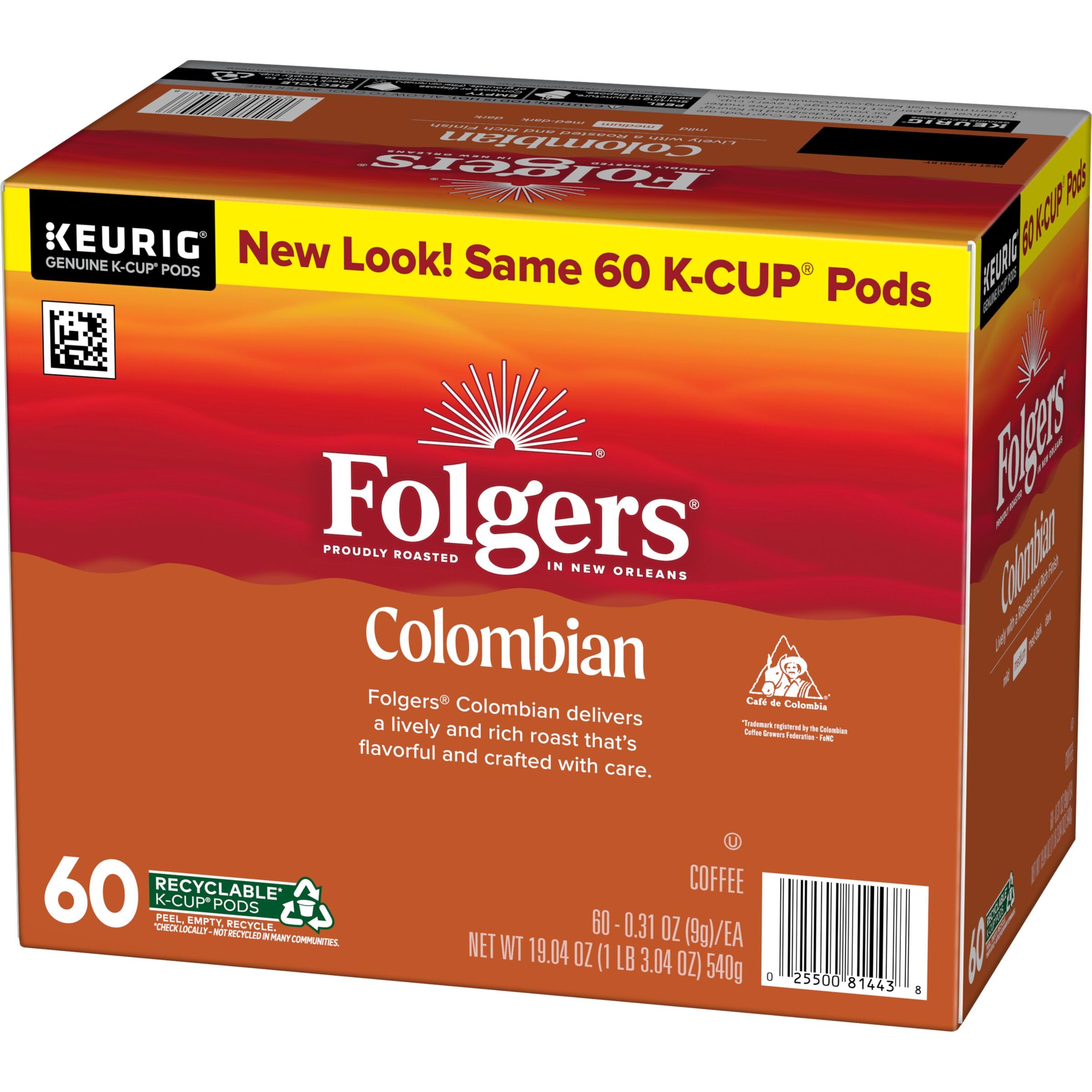 Folgers Colombian Coffee medium roast close-up emphasizes balanced flavor.