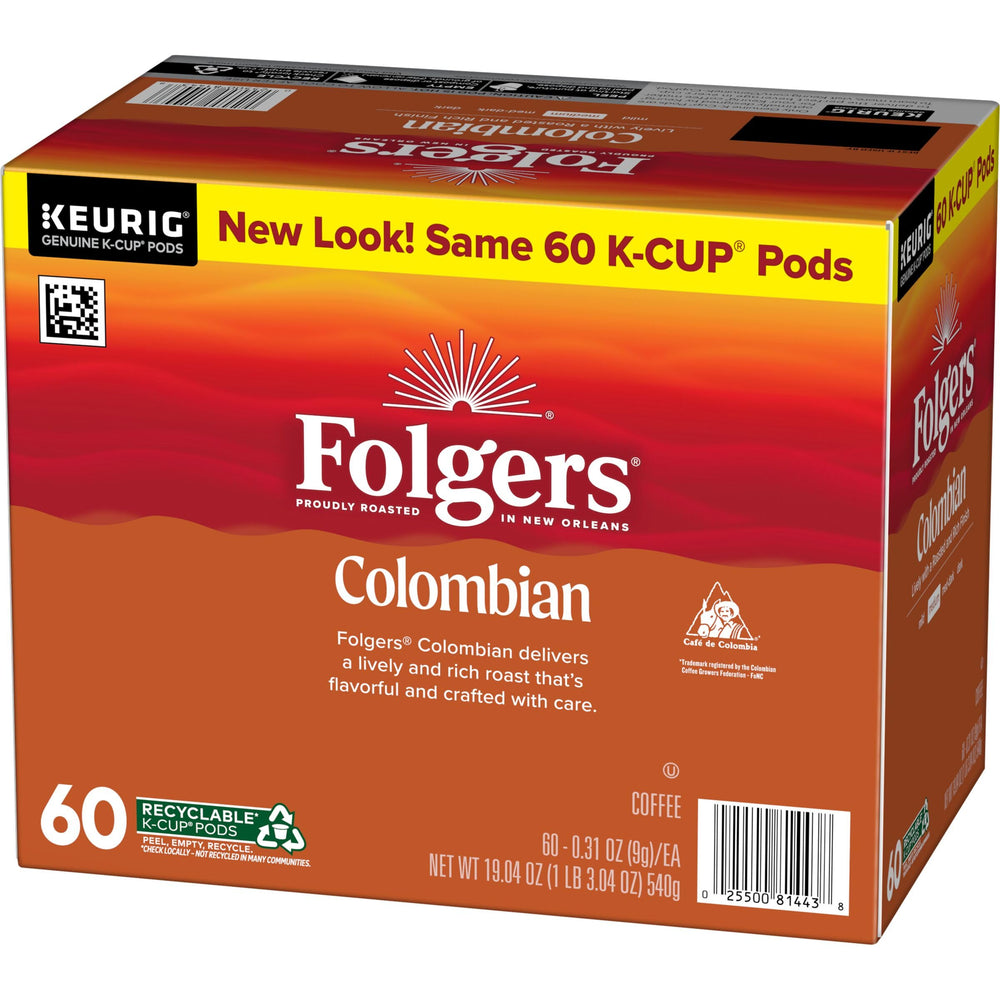 Folgers Colombian Coffee medium roast close-up emphasizes balanced flavor.