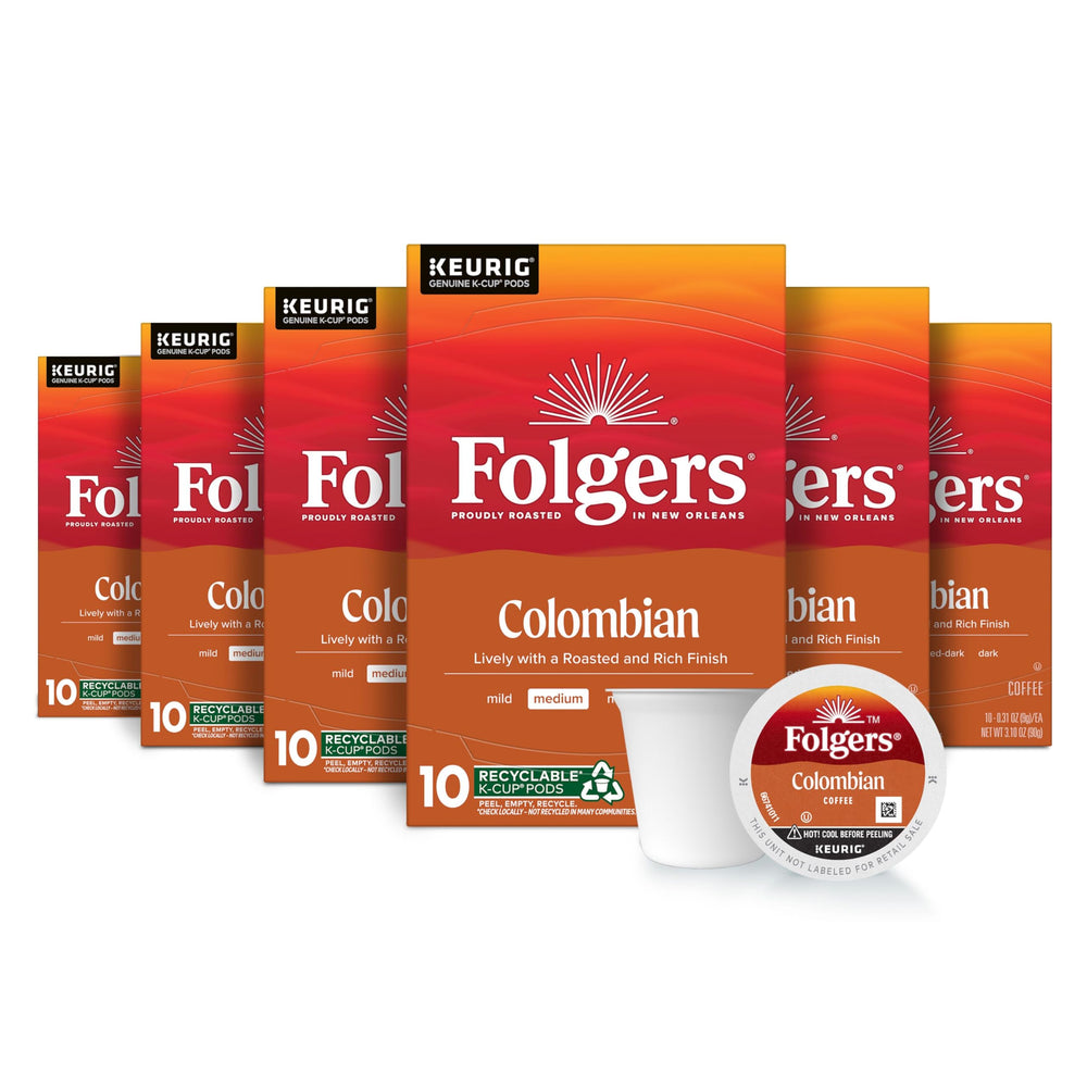 Folgers Colombian Coffee medium-roast K-Cup pods front view, ready for quick mornings.