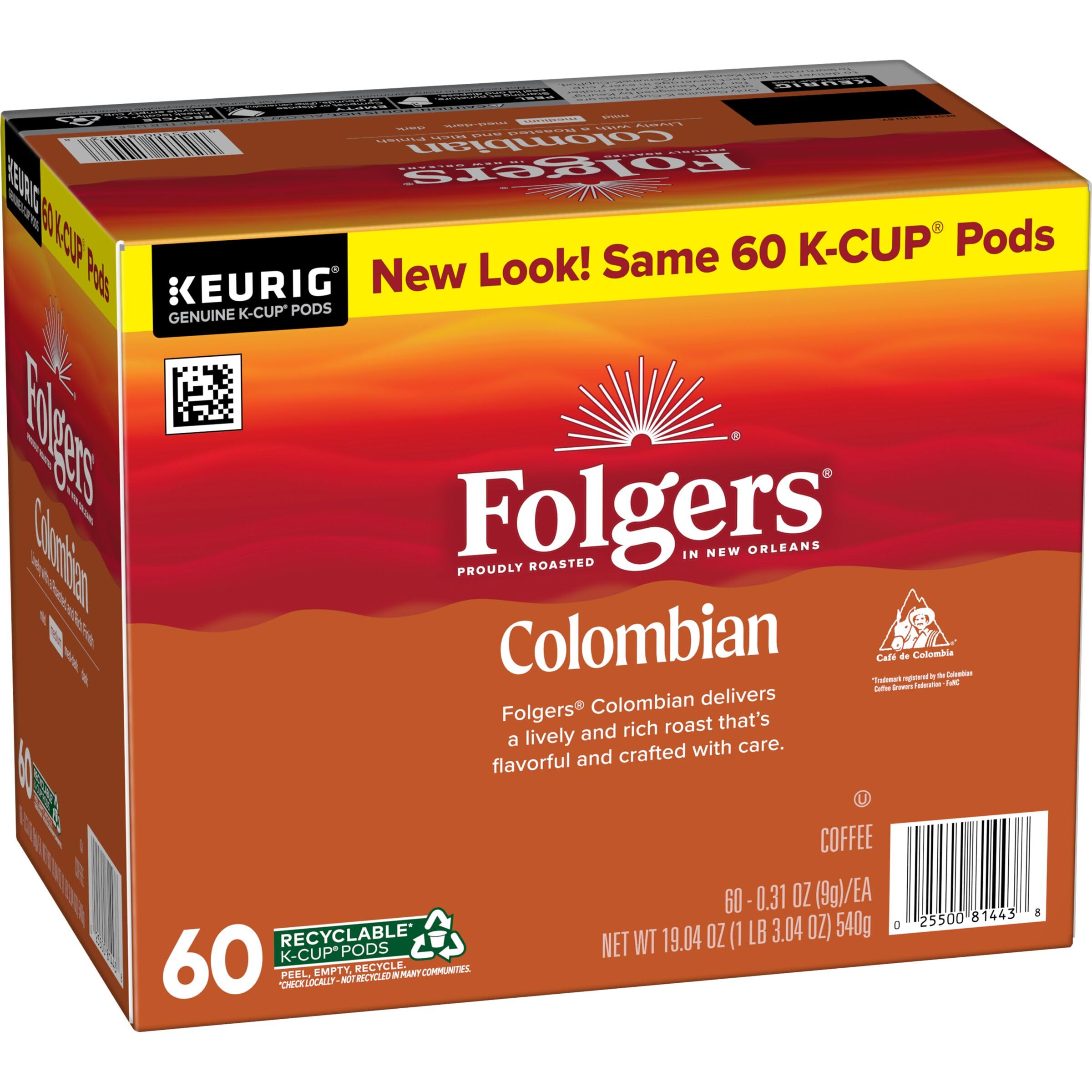 Folgers Colombian Coffee six-box packaging showing value and convenience for home use.