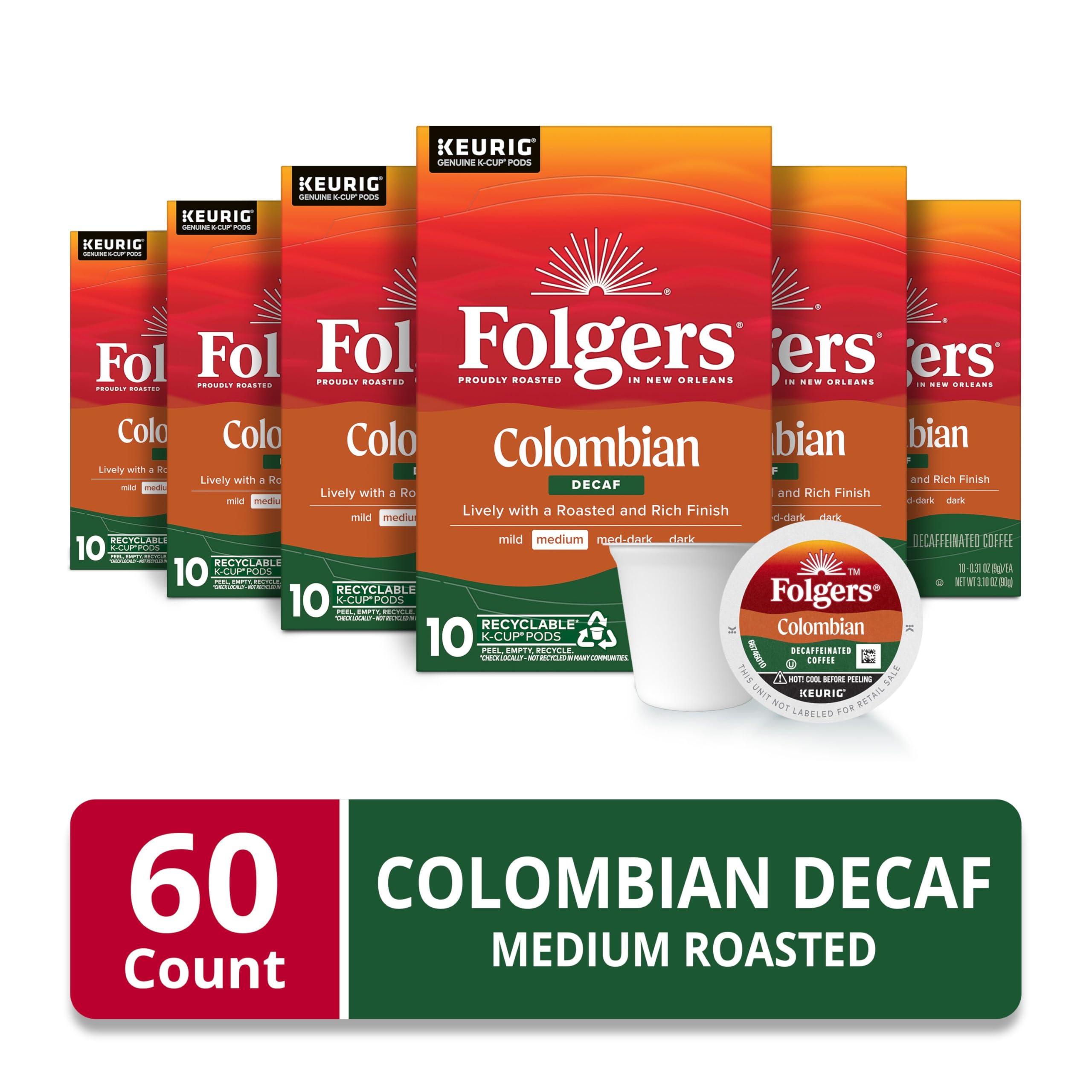 Folgers Colombian Decaf packaging shown, designed for easy Keurig brews.