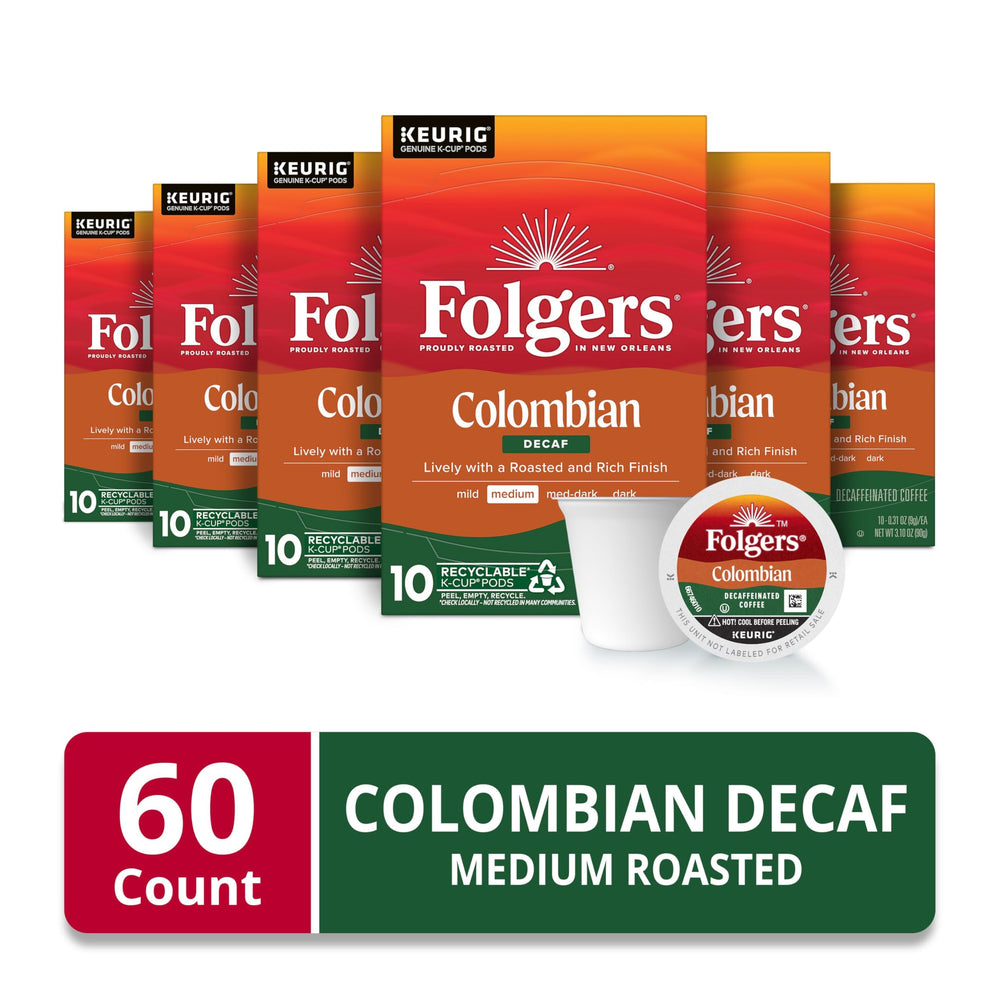 Folgers Colombian Decaf packaging shown, designed for easy Keurig brews.