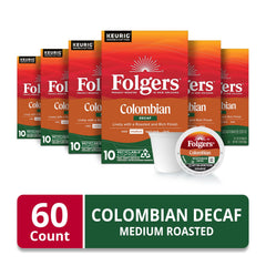 Folgers Colombian Decaf packaging shown, designed for easy Keurig brews.