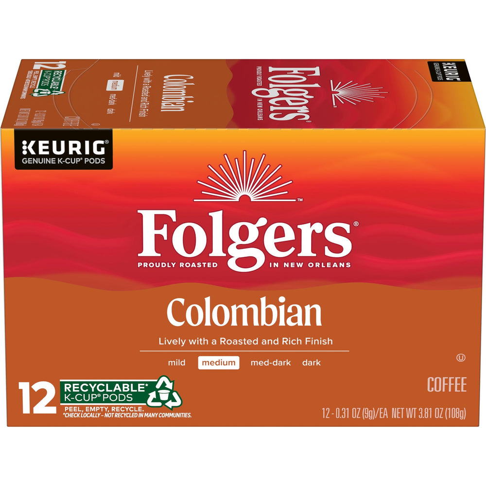 Folgers Colombian Medium Roast K-Cup pods on a shelf for quick access.