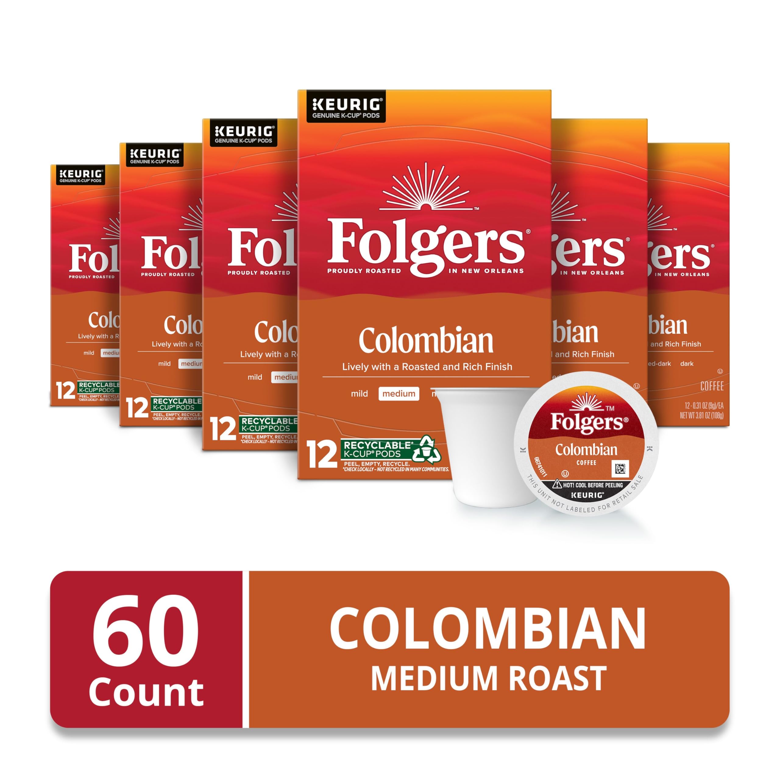 Packaging of Folgers Colombian Medium Roast K-Cup pods for easy use.