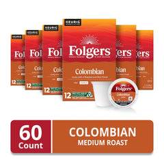Packaging of Folgers Colombian Medium Roast K-Cup pods for easy use.