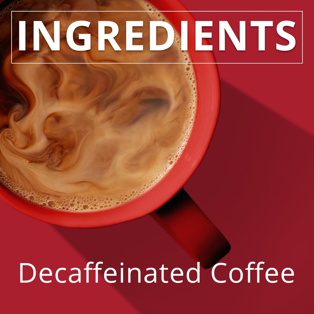 Folgers Decaf coffee pour shot with steam rising.