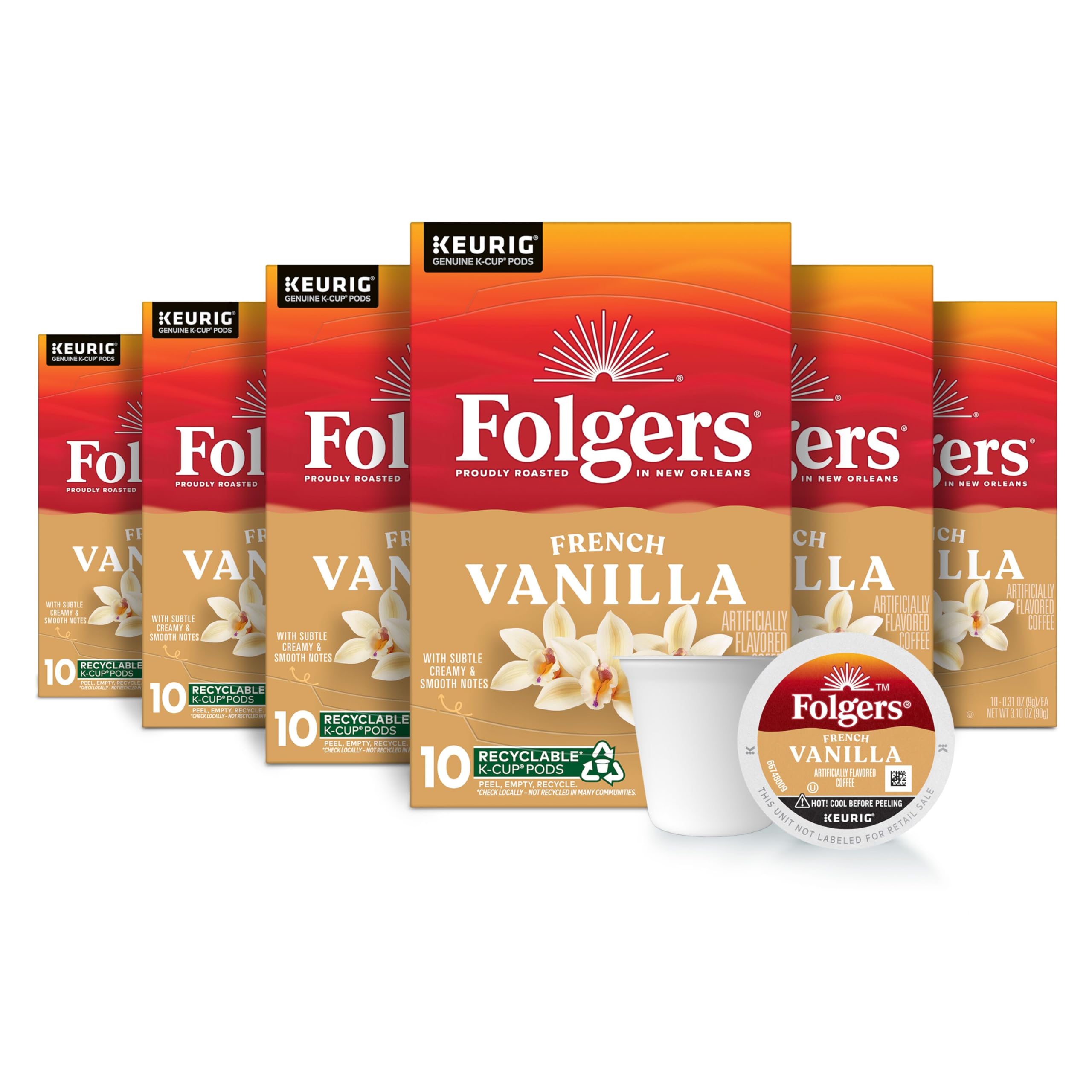 Folgers French Vanilla K-Cup pods box ready for quick aromatic mornings.