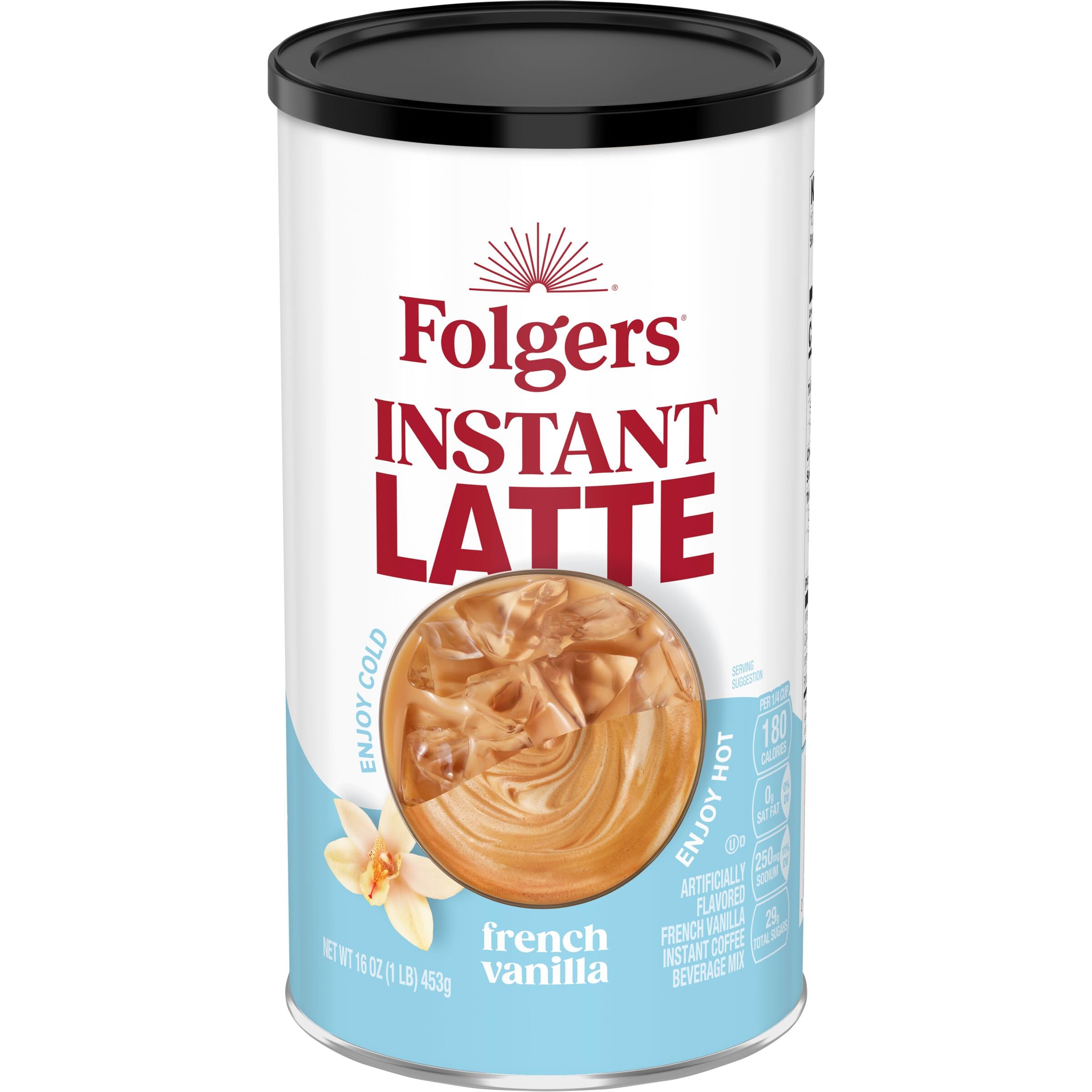 Folgers French Vanilla latte canister on kitchen counter for quick indulgence