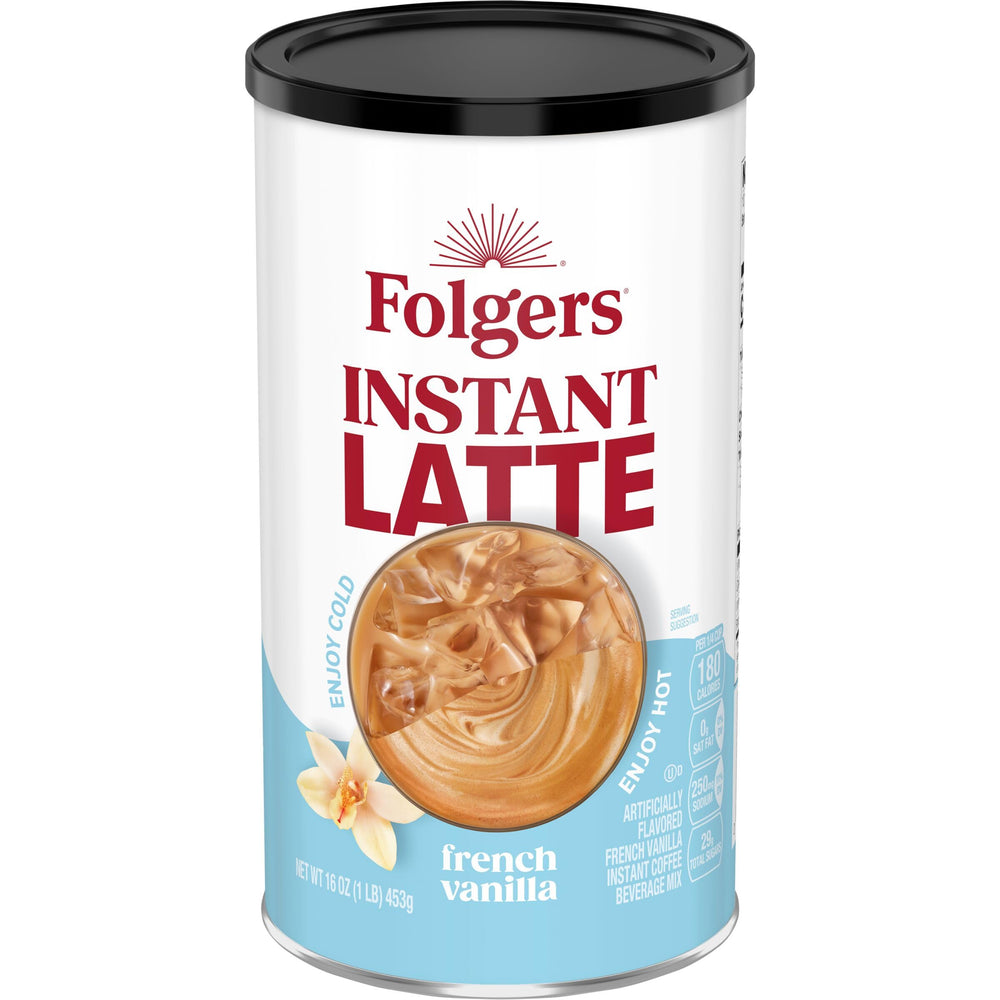 Folgers French Vanilla latte canister on kitchen counter for quick indulgence