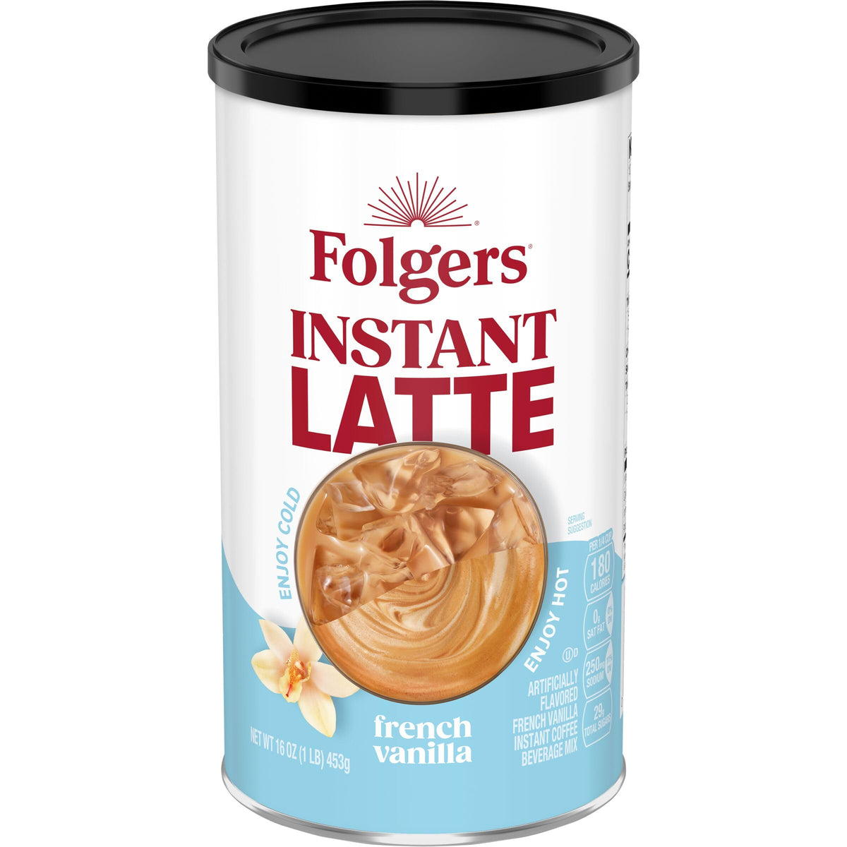 Folgers French Vanilla latte canister on kitchen counter for quick indulgence