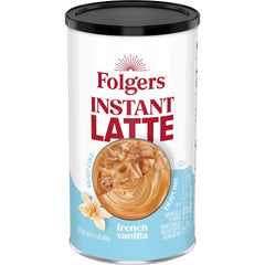 Folgers French Vanilla latte canister on kitchen counter for quick indulgence