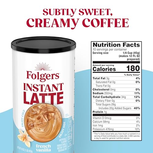 Folgers latte powder being poured for a creamy cup at home