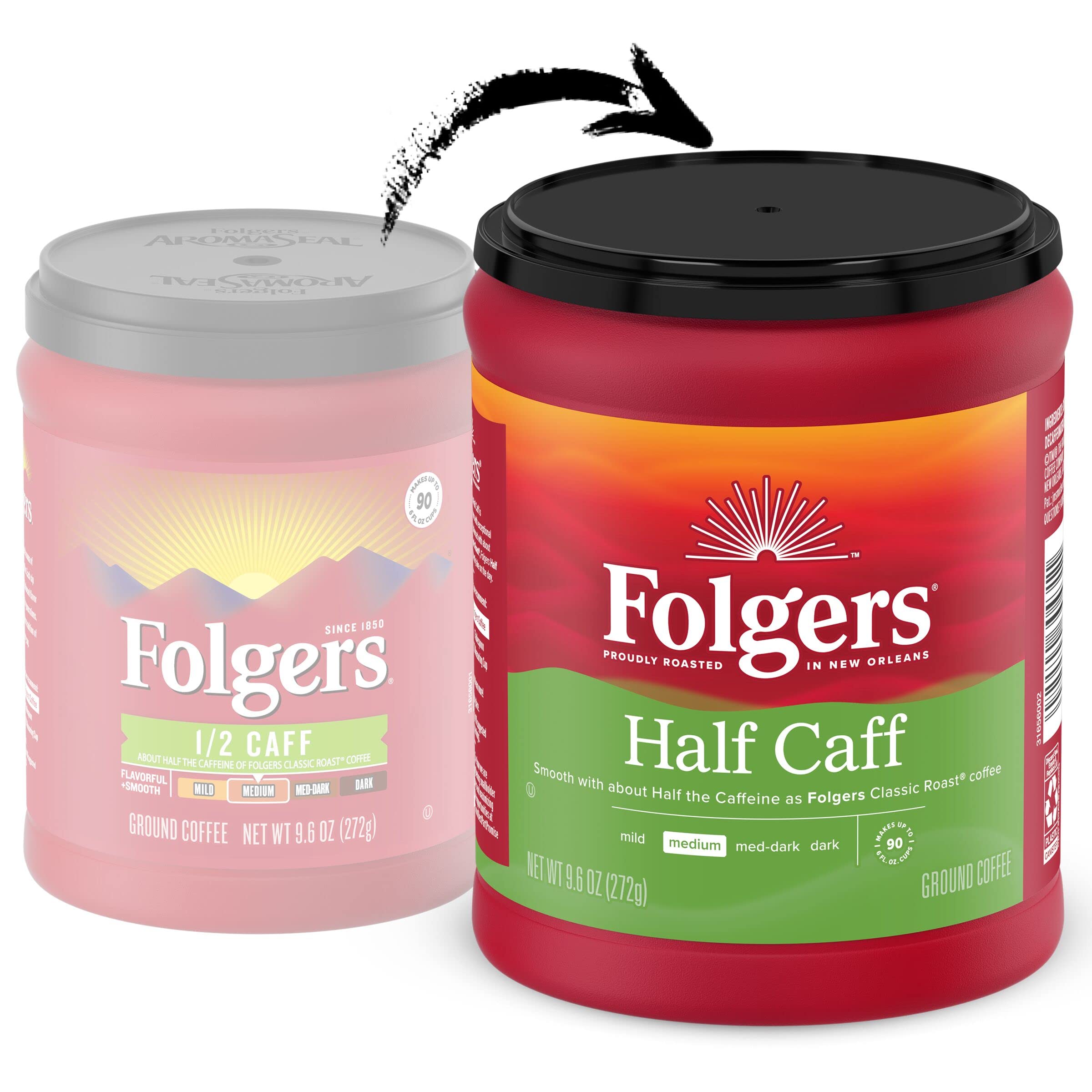 Folgers Half Caff aroma-seal canister protects freshness and smooth flavor.