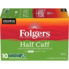 Folgers Half Caff box of K-Cup pods ready for Keurig brewing
