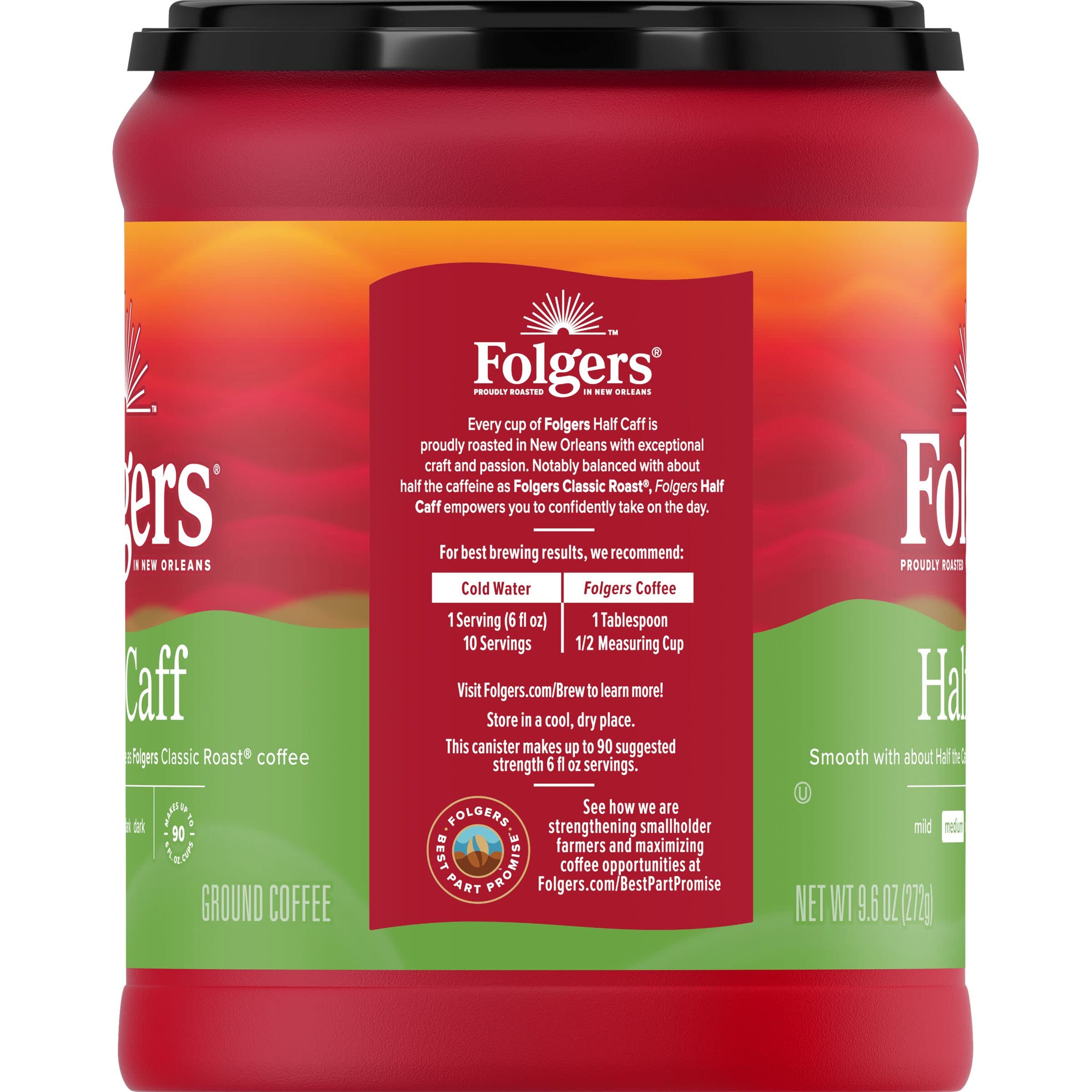 Folgers Half Caff ground coffee beans roast profile highlights rich color and balance.
