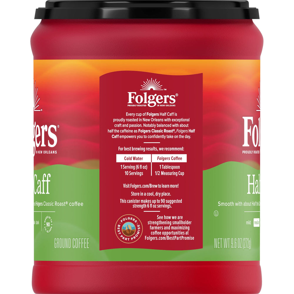 Folgers Half Caff ground coffee beans roast profile highlights rich color and balance.