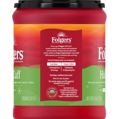 Folgers Half Caff ground coffee beans roast profile highlights rich color and balance.