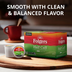 Cozy scene with Folgers Half Caff in a mug