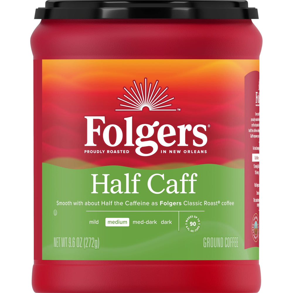Folgers Half Caff ground coffee canister preserves aroma for daily mornings.