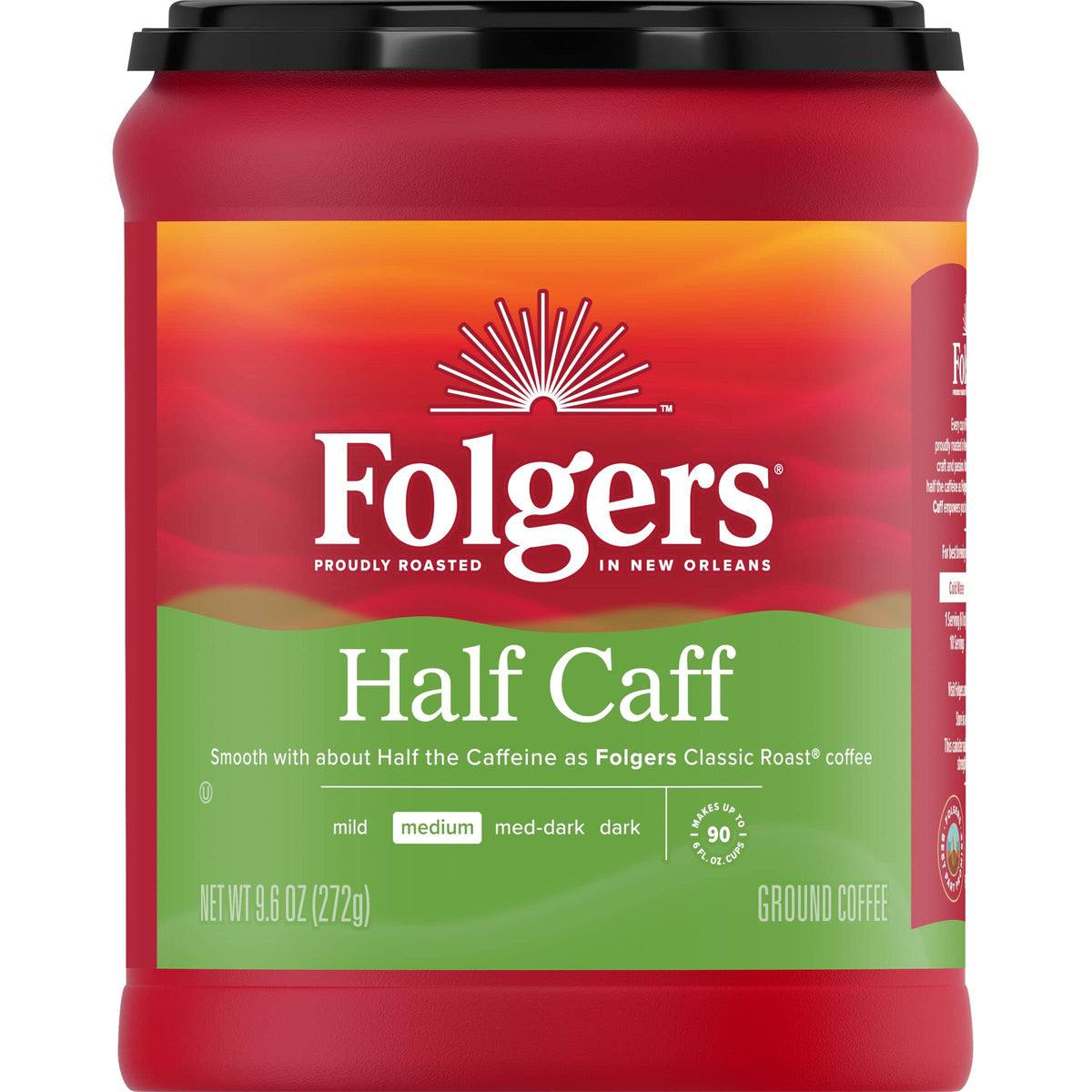 Folgers Half Caff ground coffee canister preserves aroma for daily mornings.
