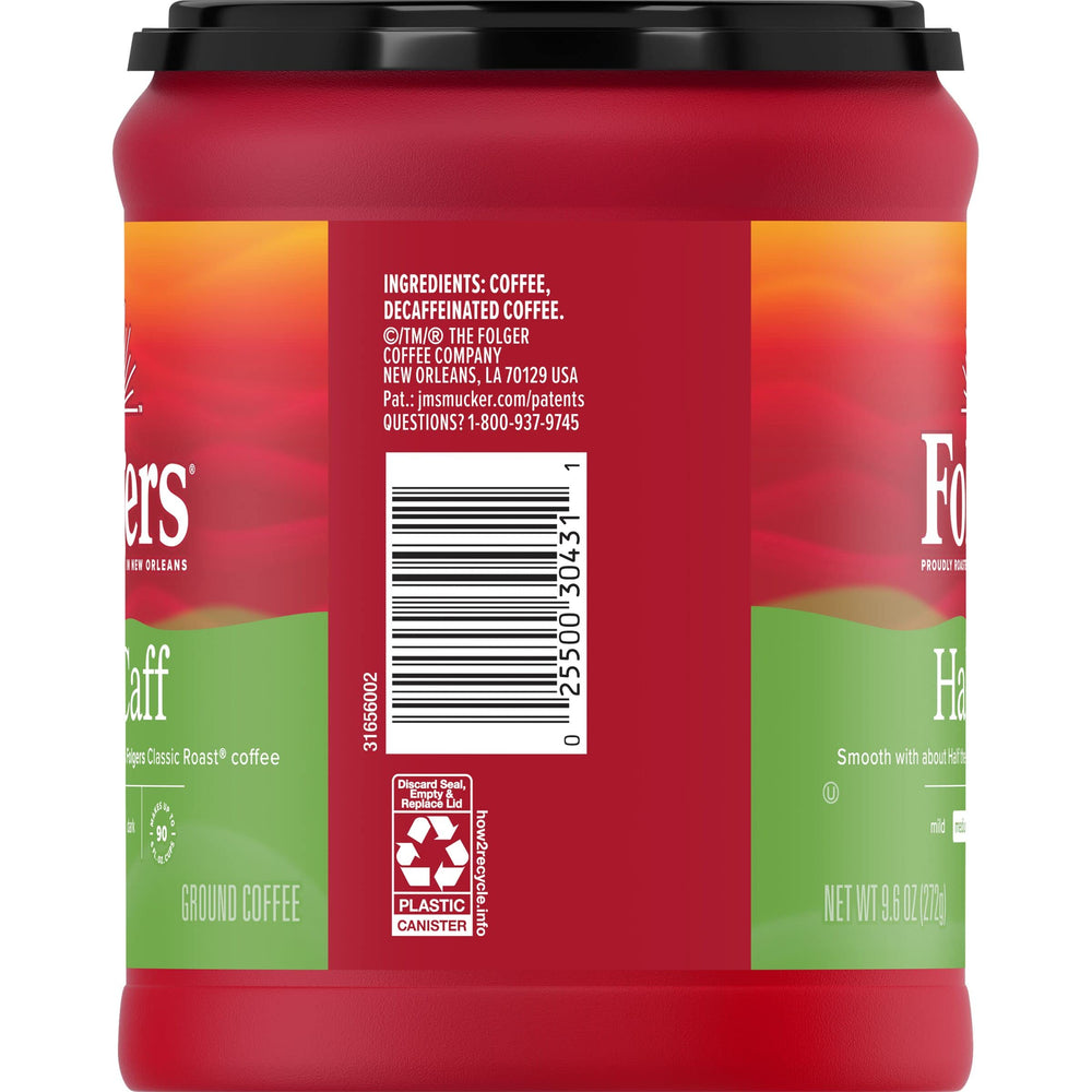 Folgers Half Caff mug with steam suggests a inviting, smooth morning pour.