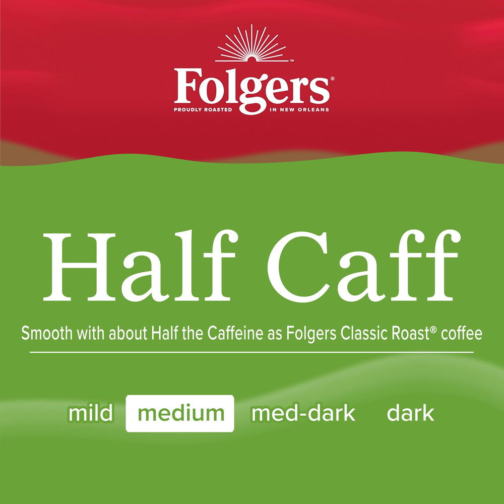 Retail packaging display of Folgers Half Caff pods