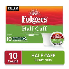 Close-up of Folgers Half Caff pod highlighting smooth aroma