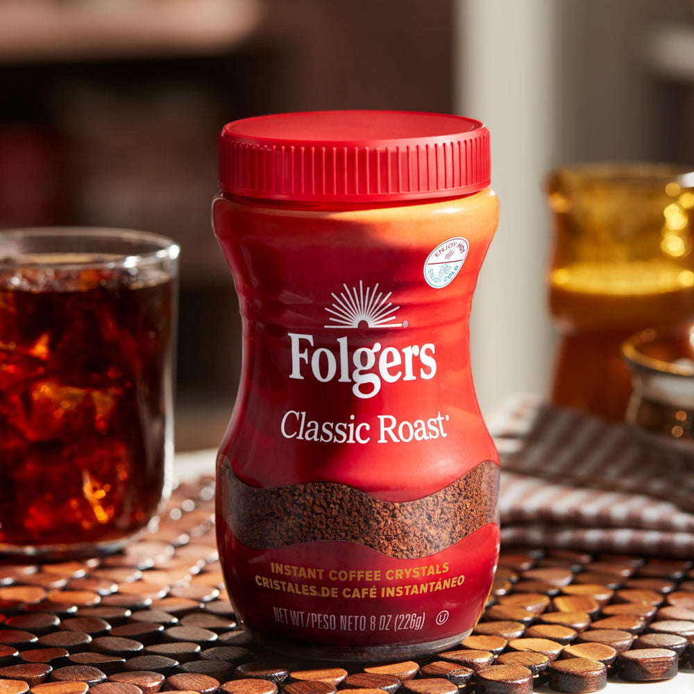 Iced Folgers coffee prepared quickly for a refreshing drink.