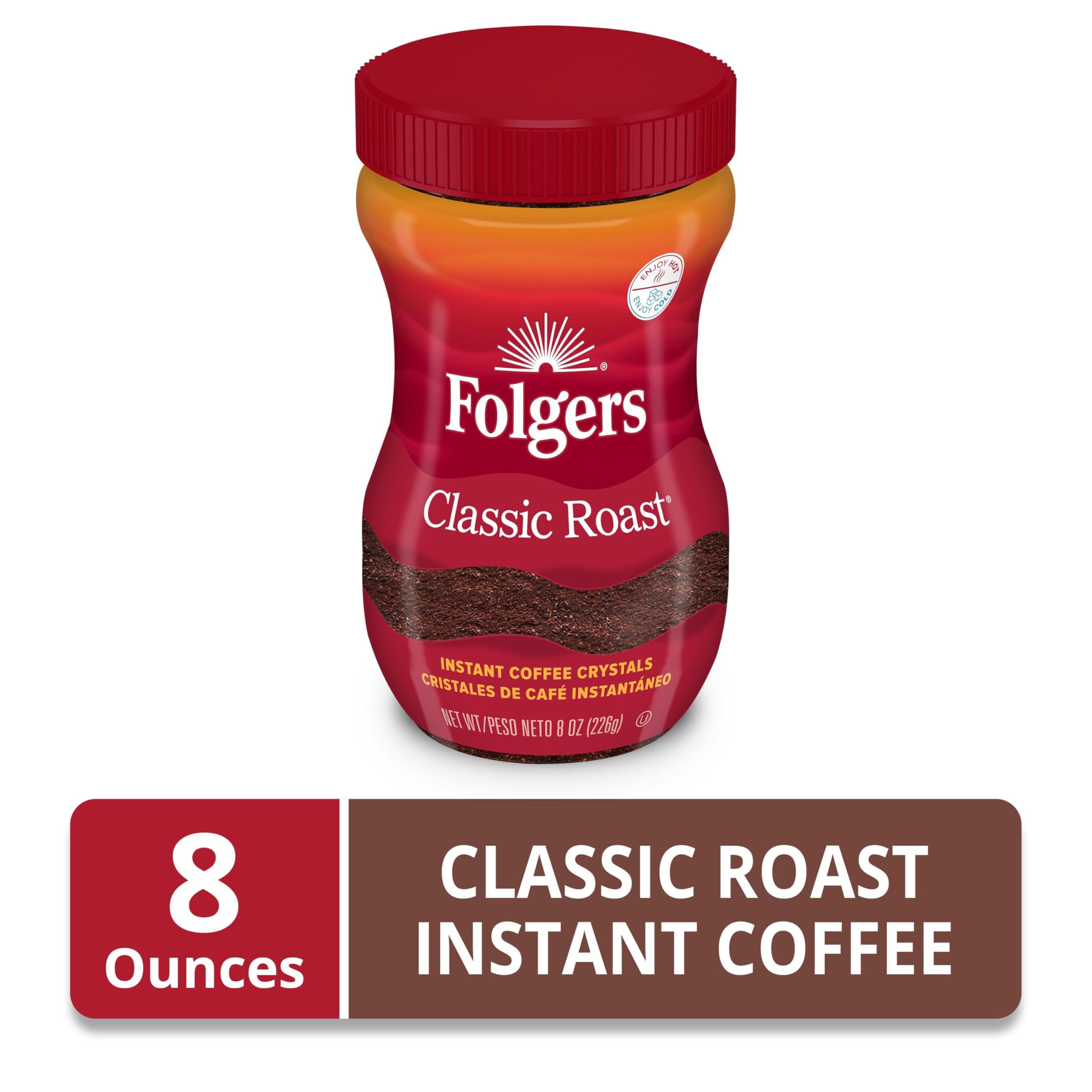 Instant Folgers coffee dissolving quickly for hot or iced drinks.