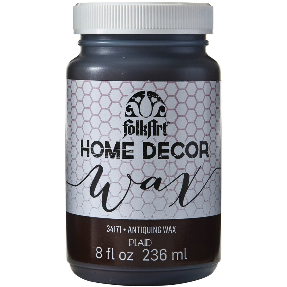 FolkArt Home Decor Antiquing Wax bottle (8 oz) ready to seal furniture with sepia finish.