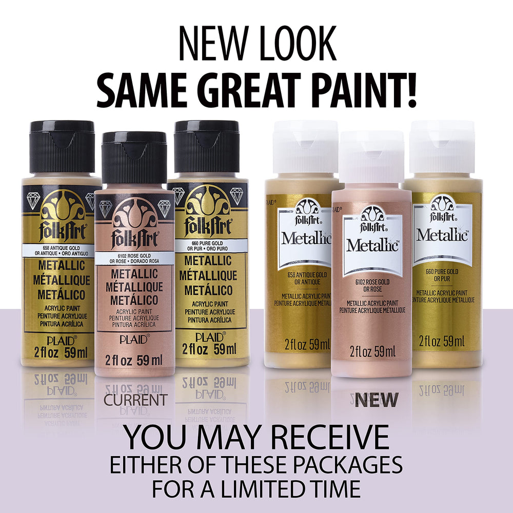 FolkArt Multisurface Metallic Paint Bright Gold demonstrates creamy application on wood swatch