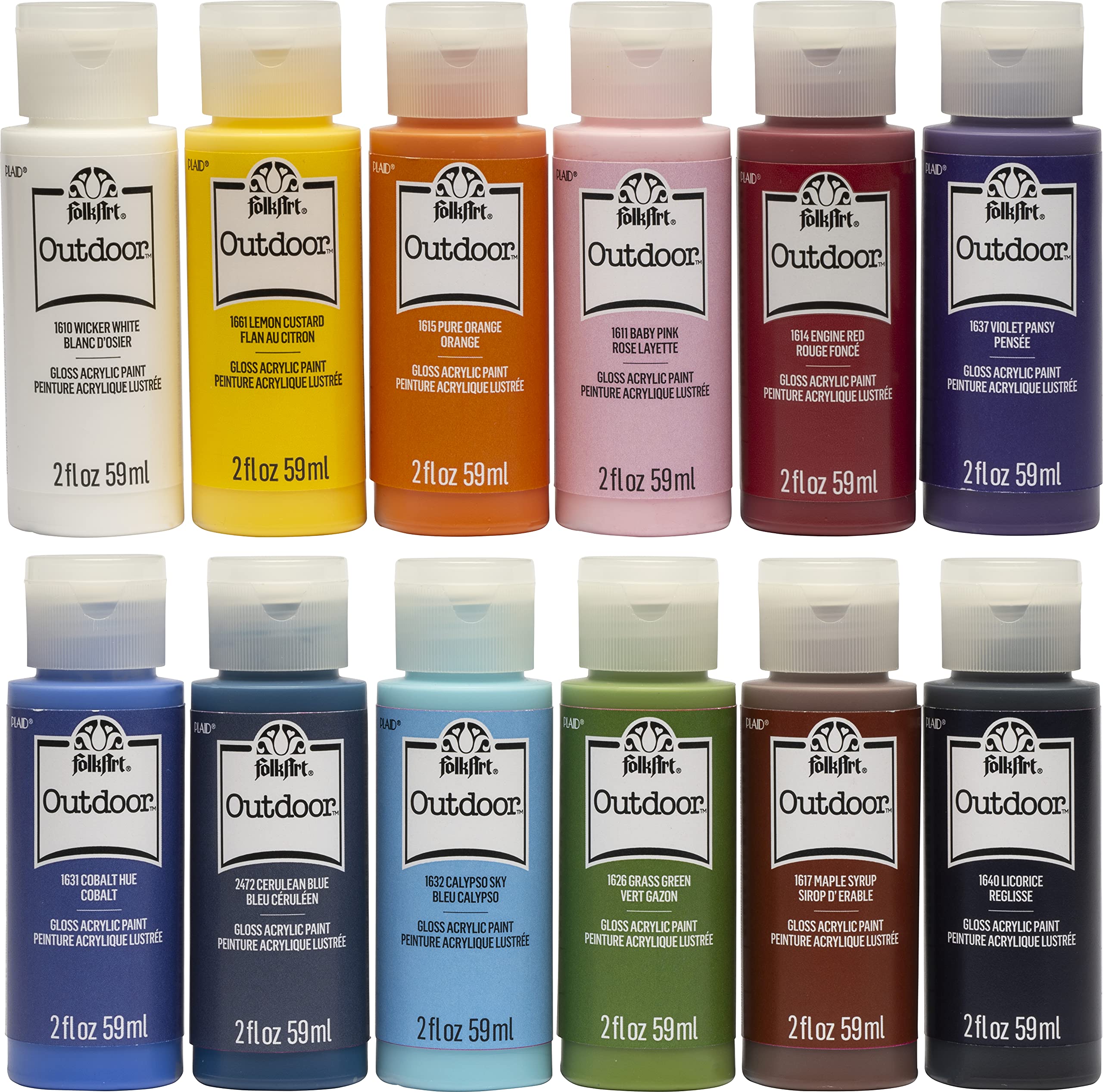 FolkArt Outdoor Gloss 12-bottle set ready for vibrant outdoor crafts.