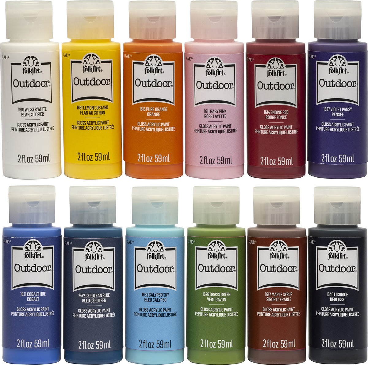 FolkArt Outdoor Gloss 12-bottle set ready for vibrant outdoor crafts.