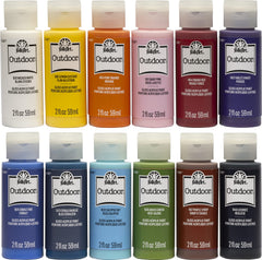 FolkArt Outdoor Gloss 12-bottle set ready for vibrant outdoor crafts.