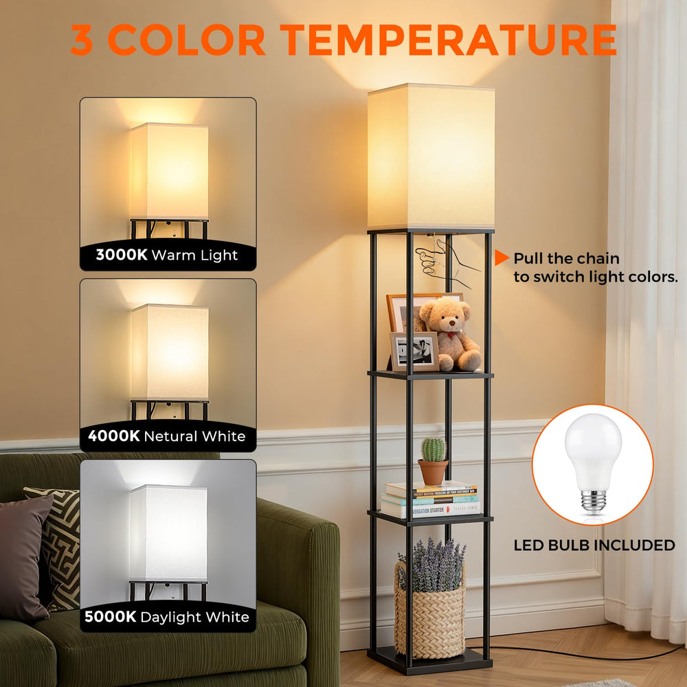 FOLKSMATE 3-tier shelf lamp highlighting books and decor with warm light.