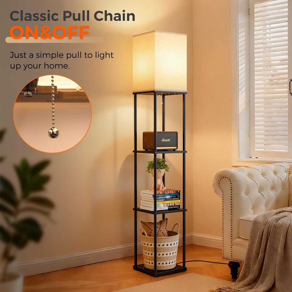 FOLKSMATE living room setup shows balanced lighting and tidy shelving.