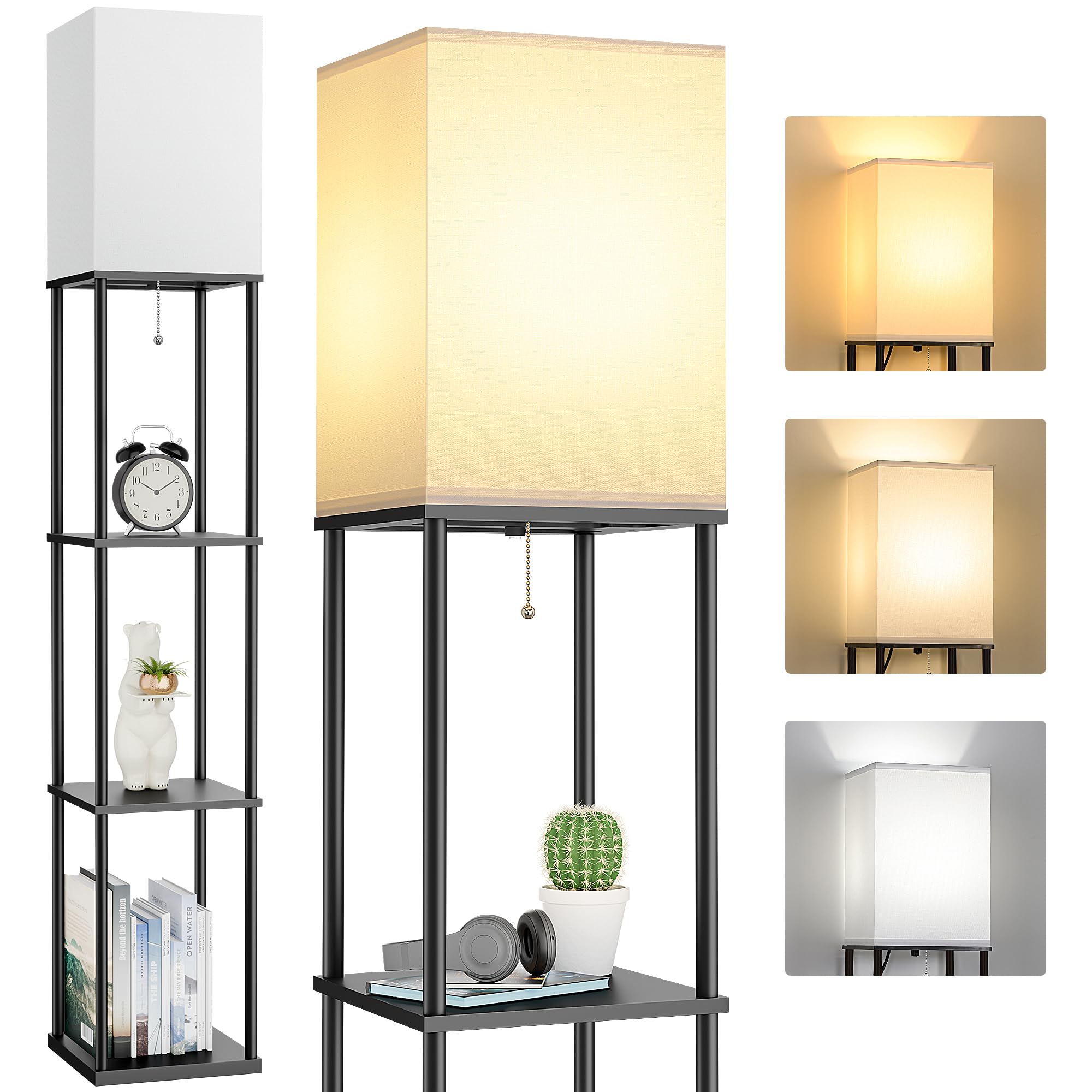 FOLKSMATE floor lamp with wooden shelves in living room, space-saving lighting.