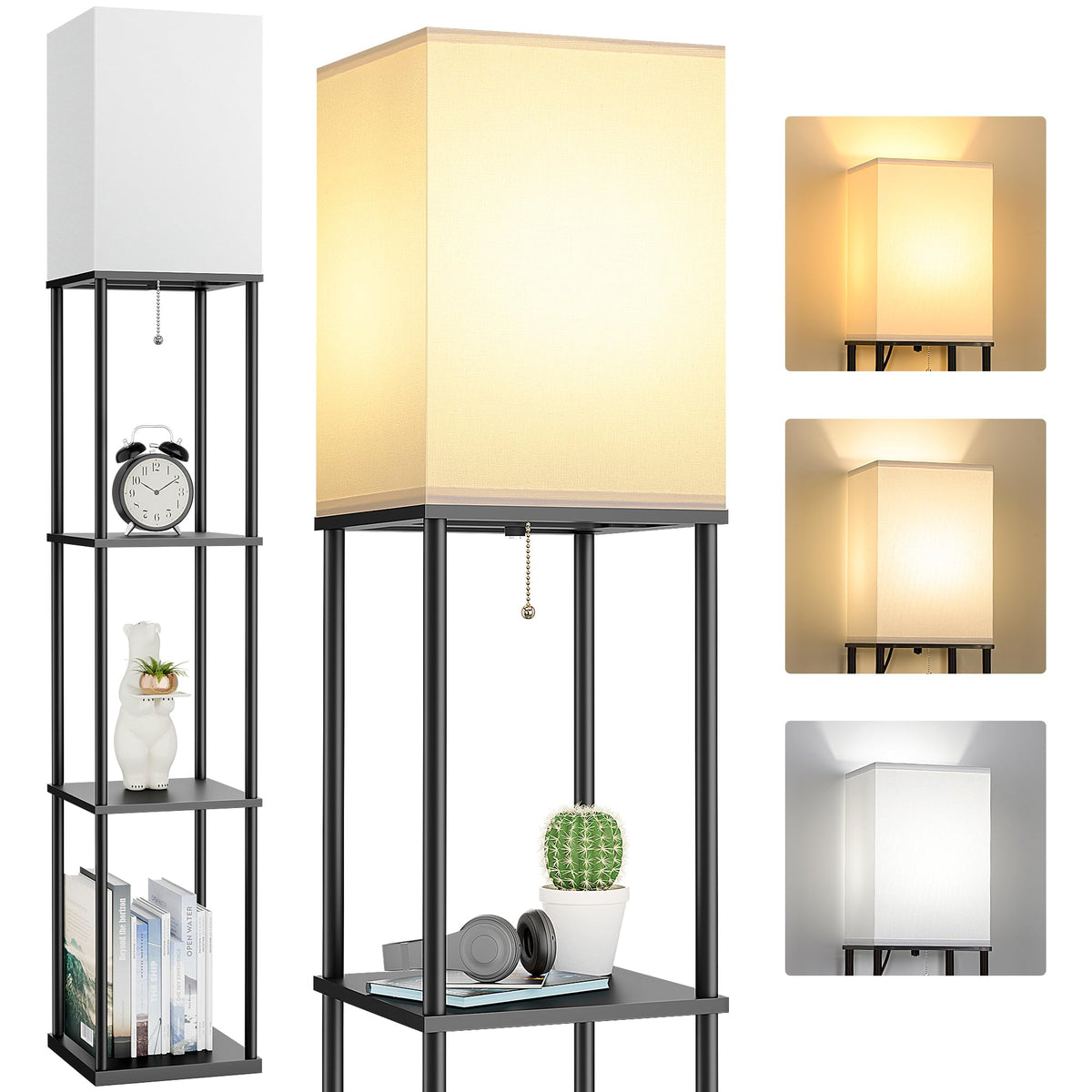 FOLKSMATE floor lamp with wooden shelves in living room, space-saving lighting.