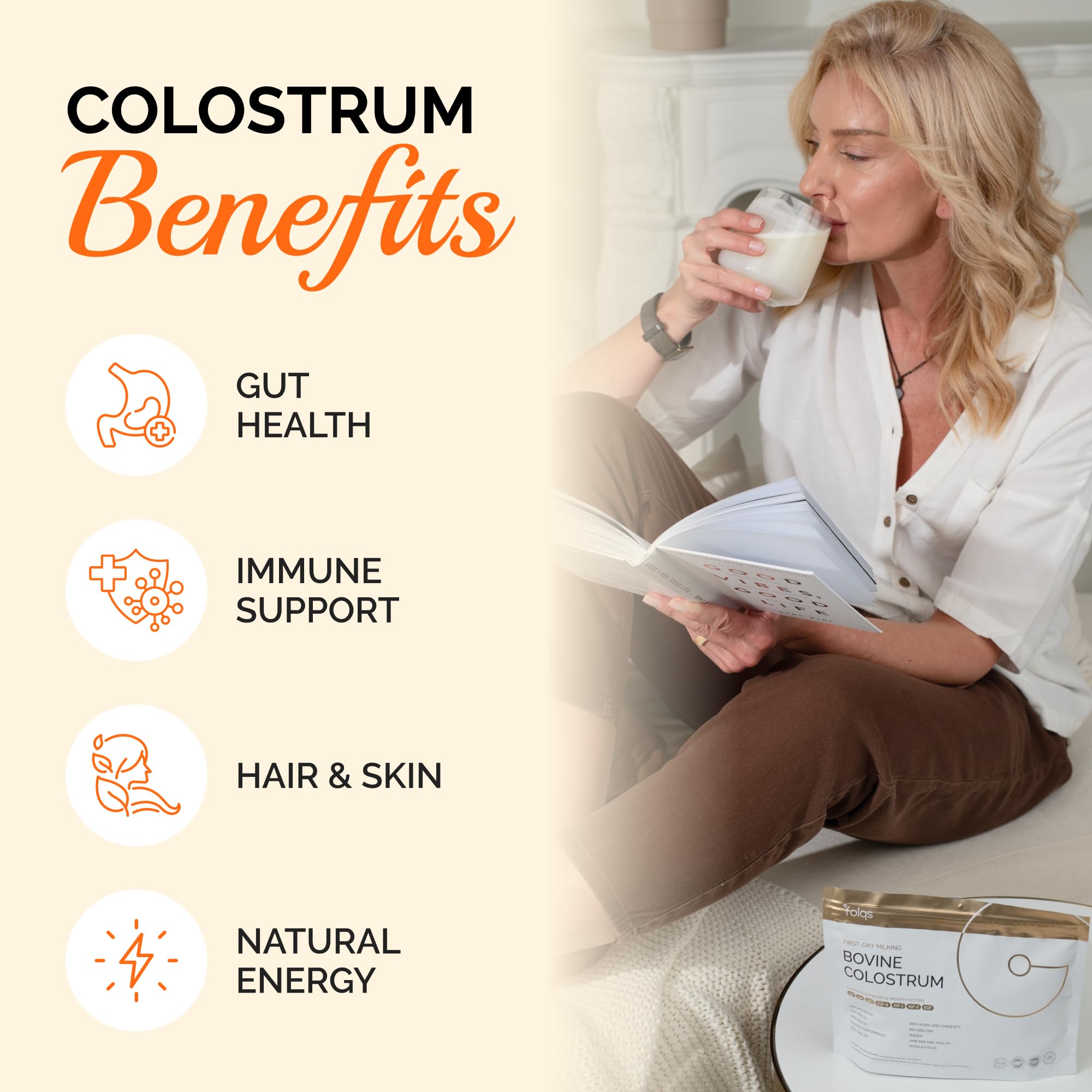 Folqs Bovine Colostrum Powder packaging highlights sustainably sourced ingredients.