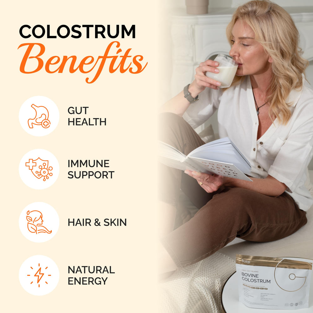 Folqs Bovine Colostrum Powder packaging highlights sustainably sourced ingredients.