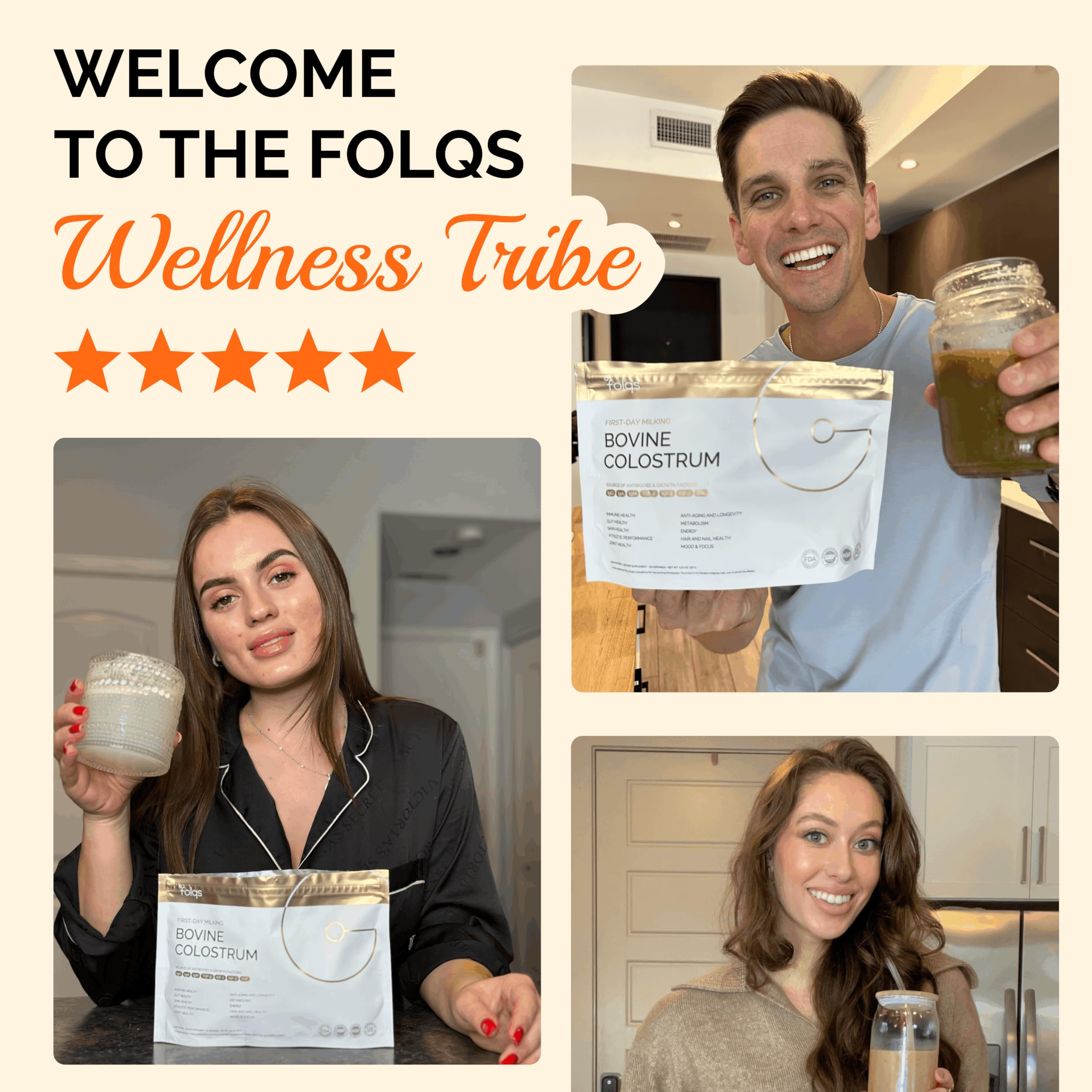 Folqs Bovine Colostrum Powder close-up reveals fine texture ideal for mixing.