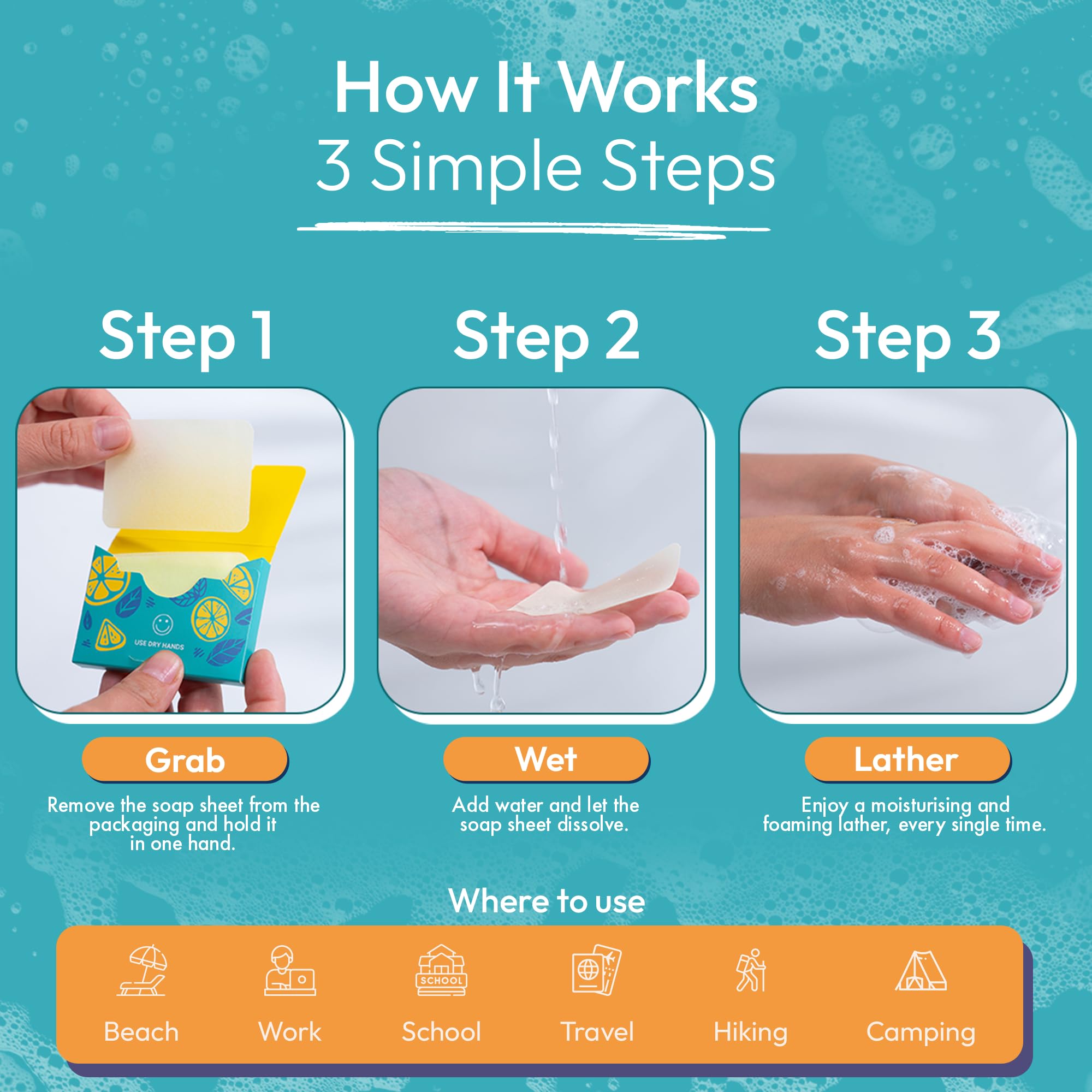 FOMIN paper soap sheets in use demonstrate quick lather with water for clean hands.