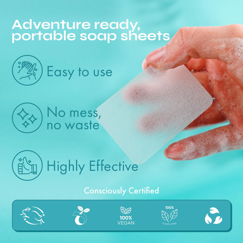 FOMIN travel-friendly hand soap sheets tucked in a backpack for mess-free trips.