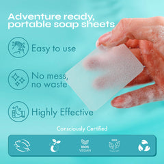 FOMIN travel-friendly hand soap sheets tucked in a backpack for mess-free trips.
