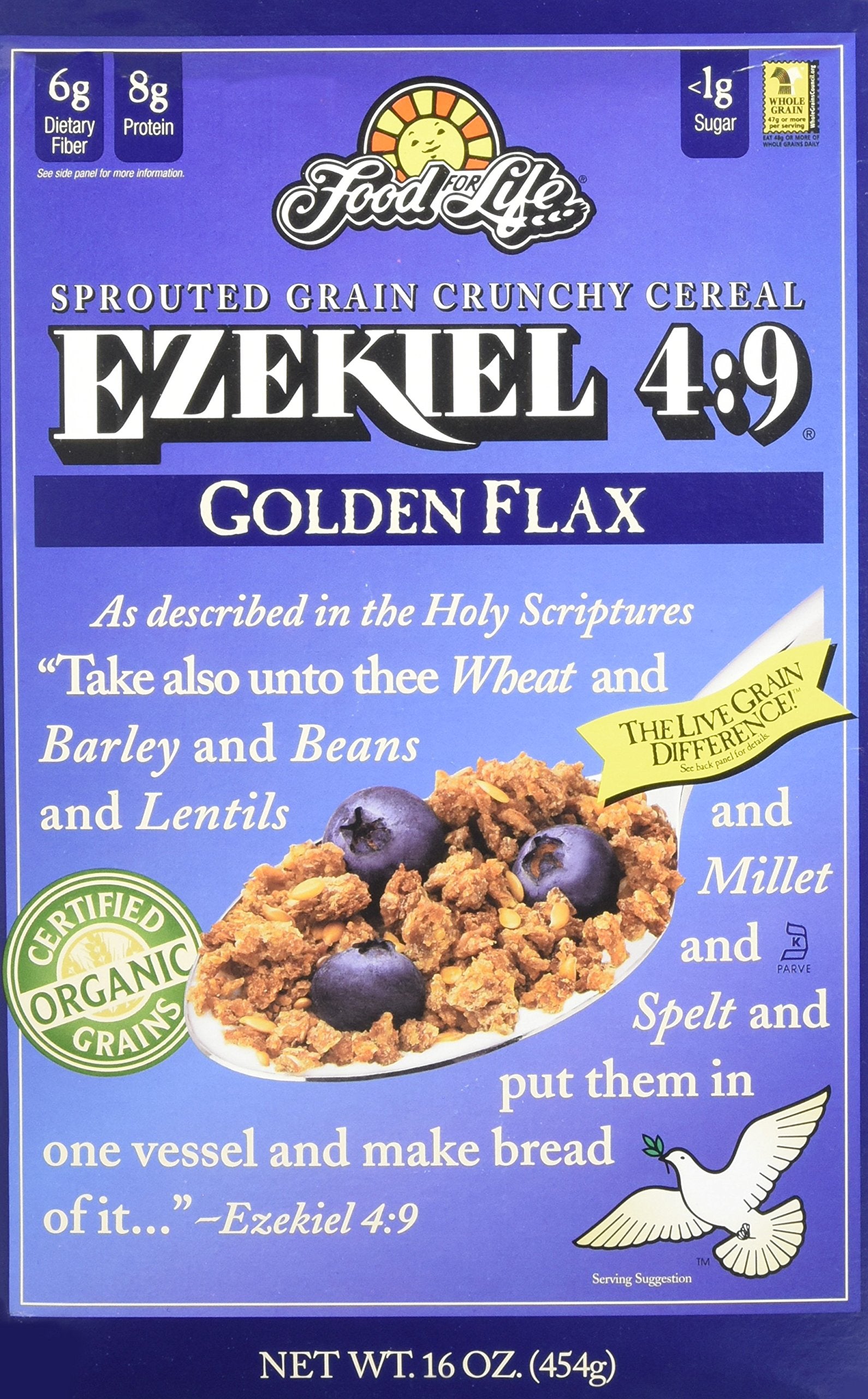 Food for Life Ezekiel 4:9 Golden Flax cereal packaging featuring a 16 oz bag and wholesome grains