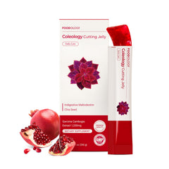 FOODOLOGY Coleology packaging shot for pomegranate jelly, convenient fiber snack.