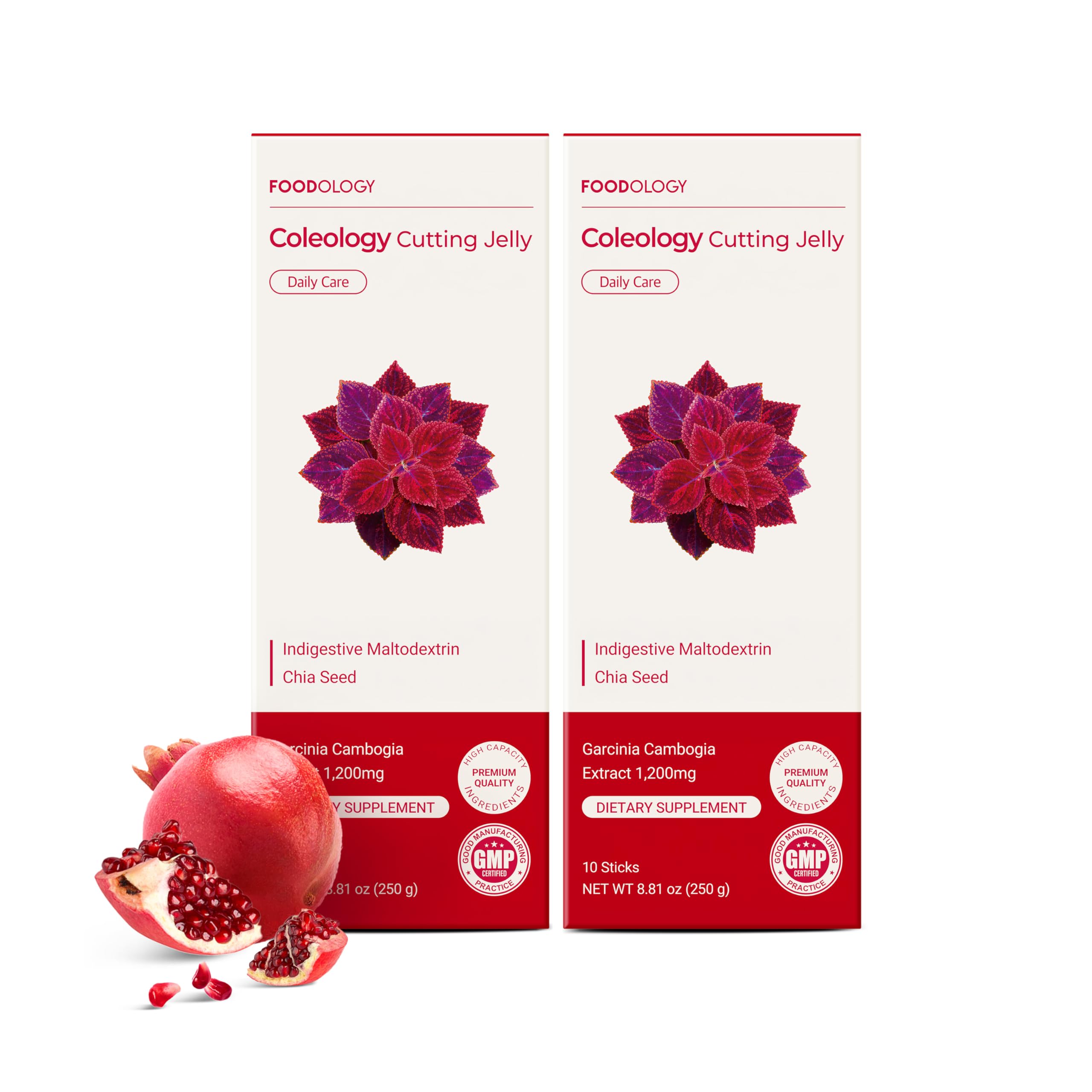 FOODOLOGY Coleology Cutting Stick Jelly Pomegranate pack shot shows a fiber-rich, on-the-go snack