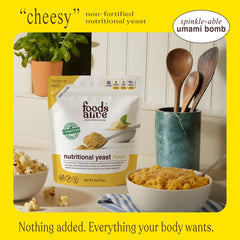 Foods Alive Nutritional Yeast Flakes dry crystals ready to sprinkle on dishes.