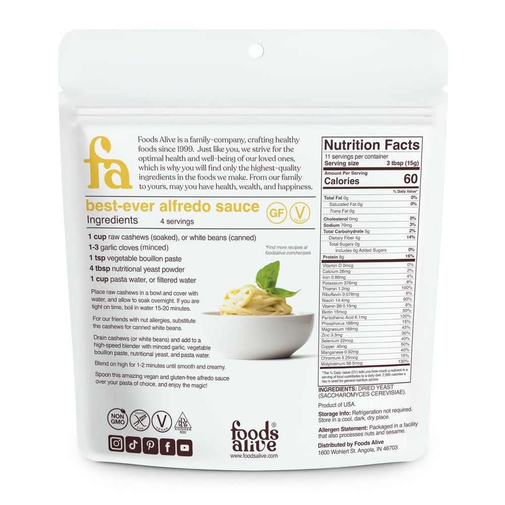 Foods Alive Nutritional Yeast Flakes presented as a gluten-free, protein-and-fiber boost.